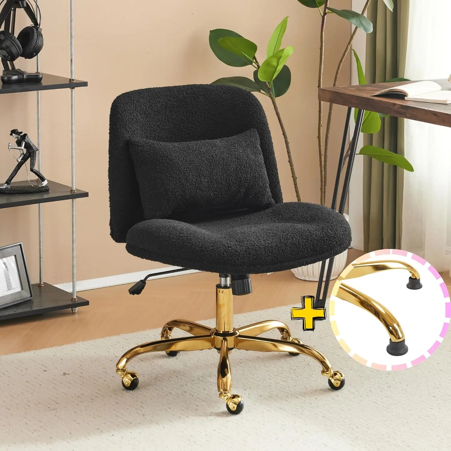 Wide Criss Cross Office Chair Ergonomic Desk with Pillow & Gold Base Dual-Use with/no Wheels Adjustable Swivel Vanity for Bedroo