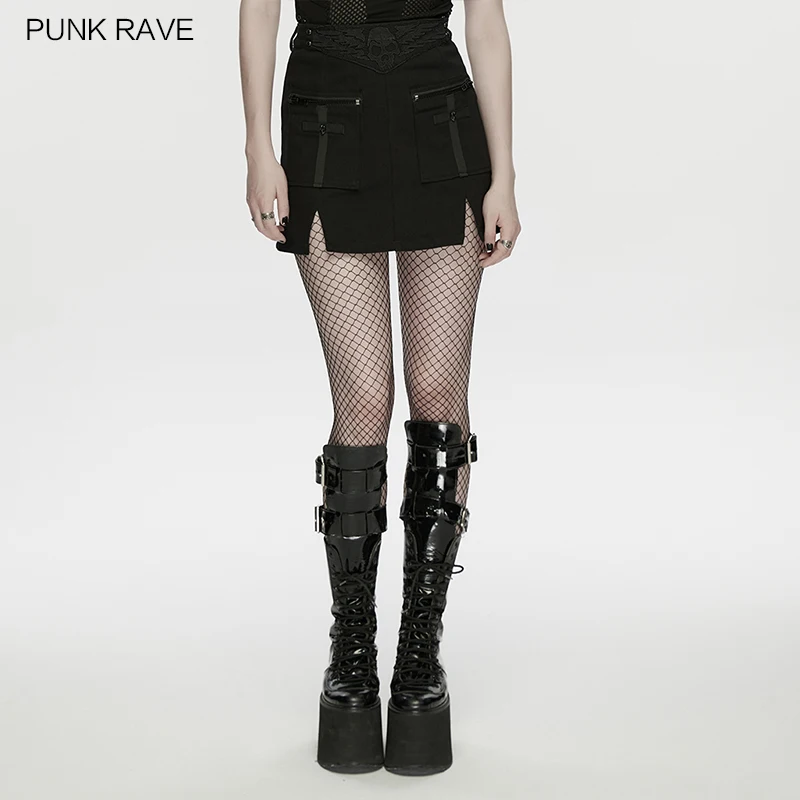 PUNK RAVE Women's Punk Skull Embroidered Wings Mini Skirt Large Pockets on Both Sides Metal Zippers Hem Slit Woven Short Skirts