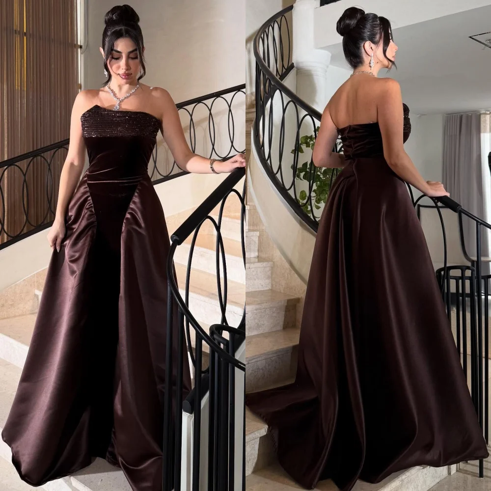 

Customized Matching Exquisite Pleat Beading Sequined A-line Strapless Long Dresses Bespoke Occasion Dresses Elegant Modern Style