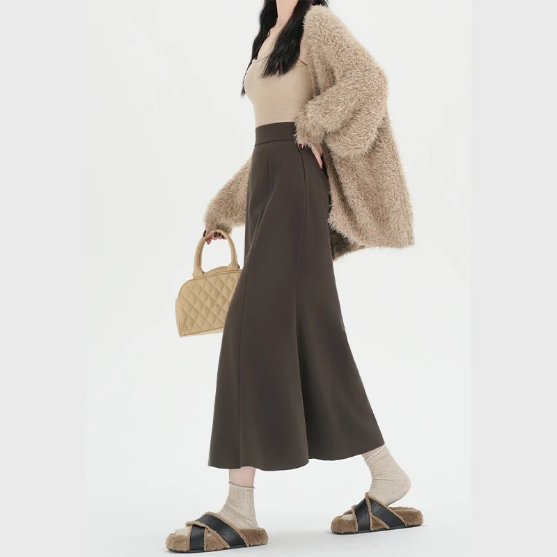 

Y2K Fish Tail Skirt Women Coffee Brown High Waist Hip Hugging Midi Skirt Small A Line Half Skirt Autumn Winter