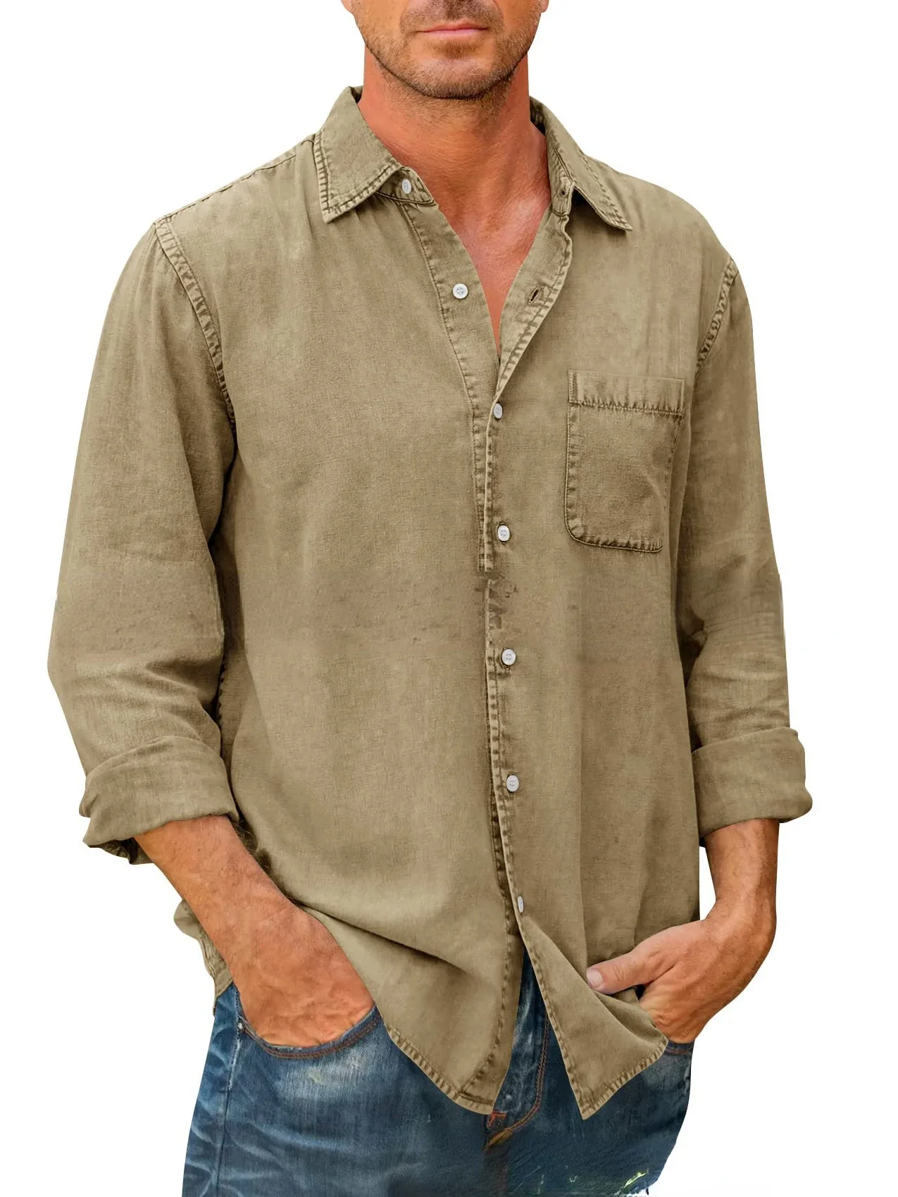 2024 Men\'s Casual Solid Color Long Sleeve Shirt Slim Lapel Shirt Streetwear Mens Shirts Linen Shirts Men T Shirt for Men