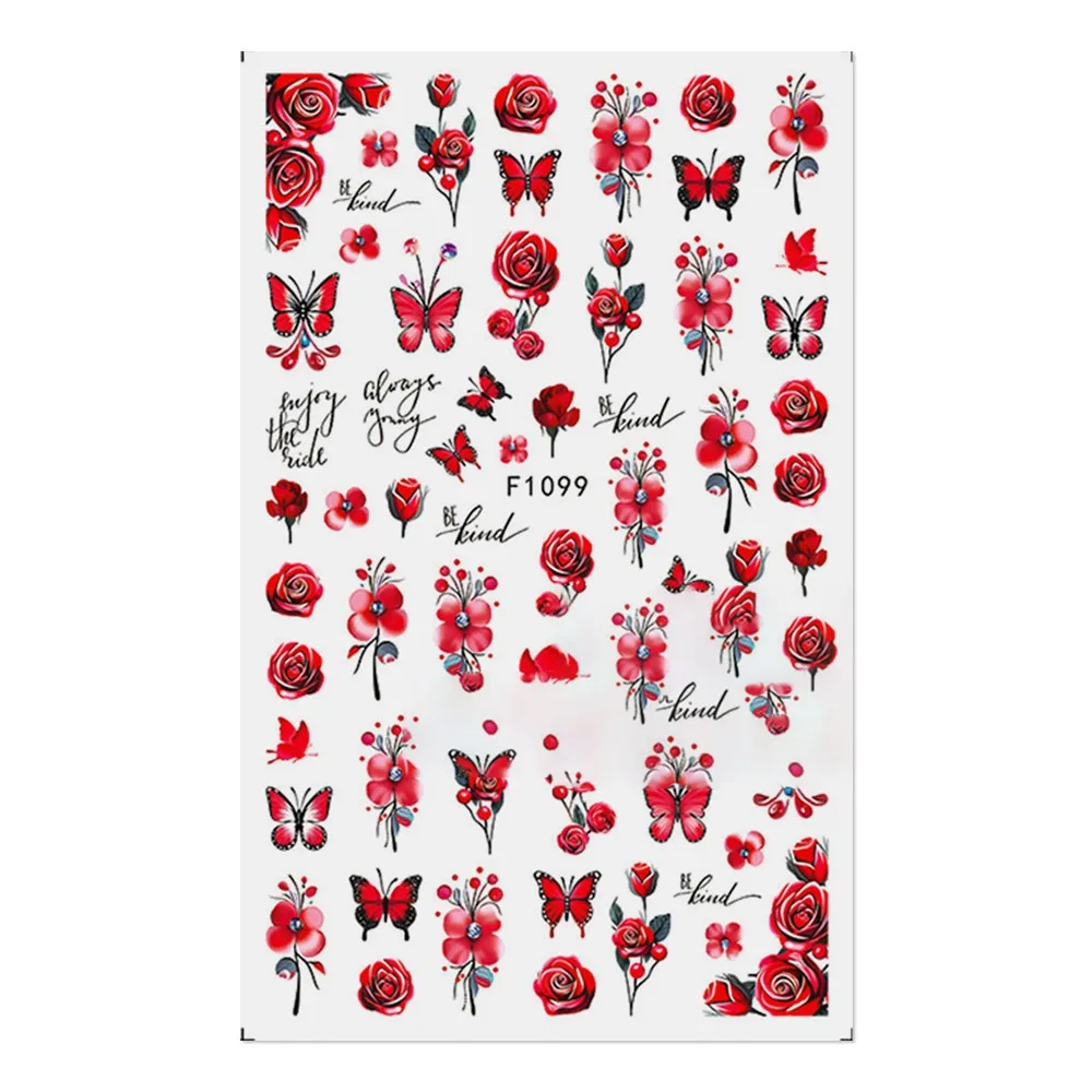 Design 3D Decalques de arte de unha flor rosa roxo pétalas decorações de unhas padrão de borboletas decoração de pontas de unhas coloridas