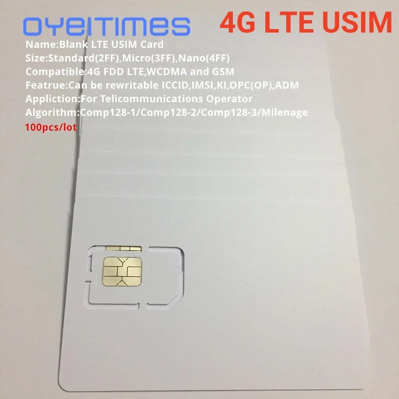 

100pcs/lot Writable Programable Blank SIM USIM Card 4G LTE WCDMA GSM Nano Micro SIM Card with Micro Nano Size 2FF 3FF 4FF 3 IN 1