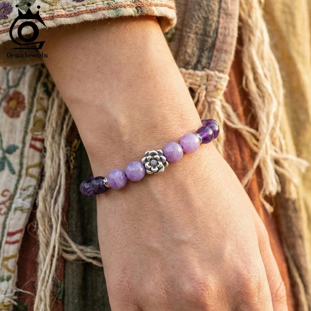 

ORSA JEWELS S925 Natural Stone Amethyst Crystal Bracelet for Women Handmade Stretchy Round Beads Hand Chain Jewelry GMB105
