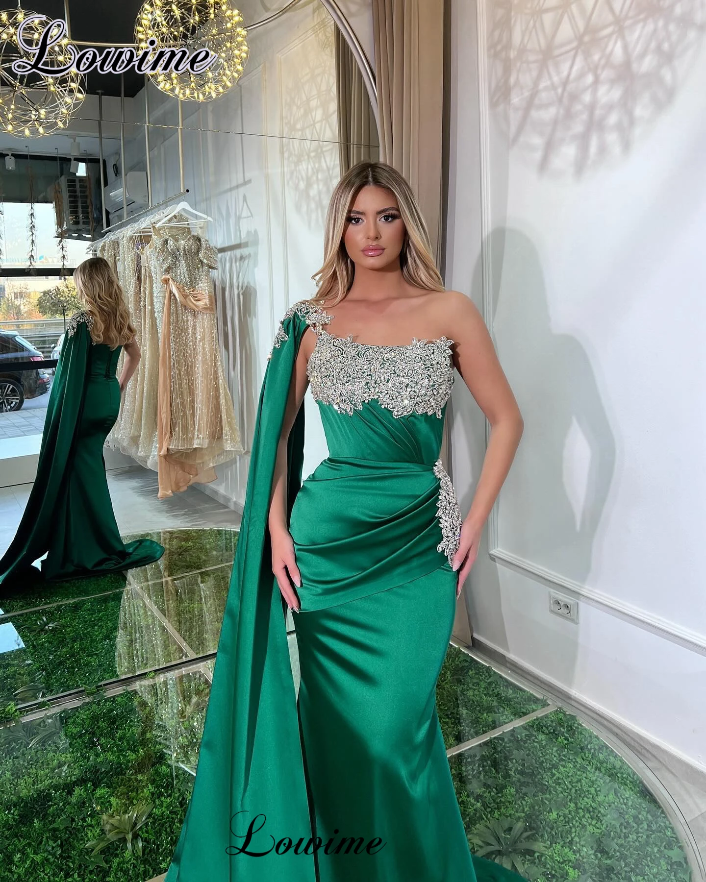 Elegant Green Mermaid Cocktail Dresses With Crystals Backless One Shoulder Prom Dresses Long Vestidos De Cóctel customized