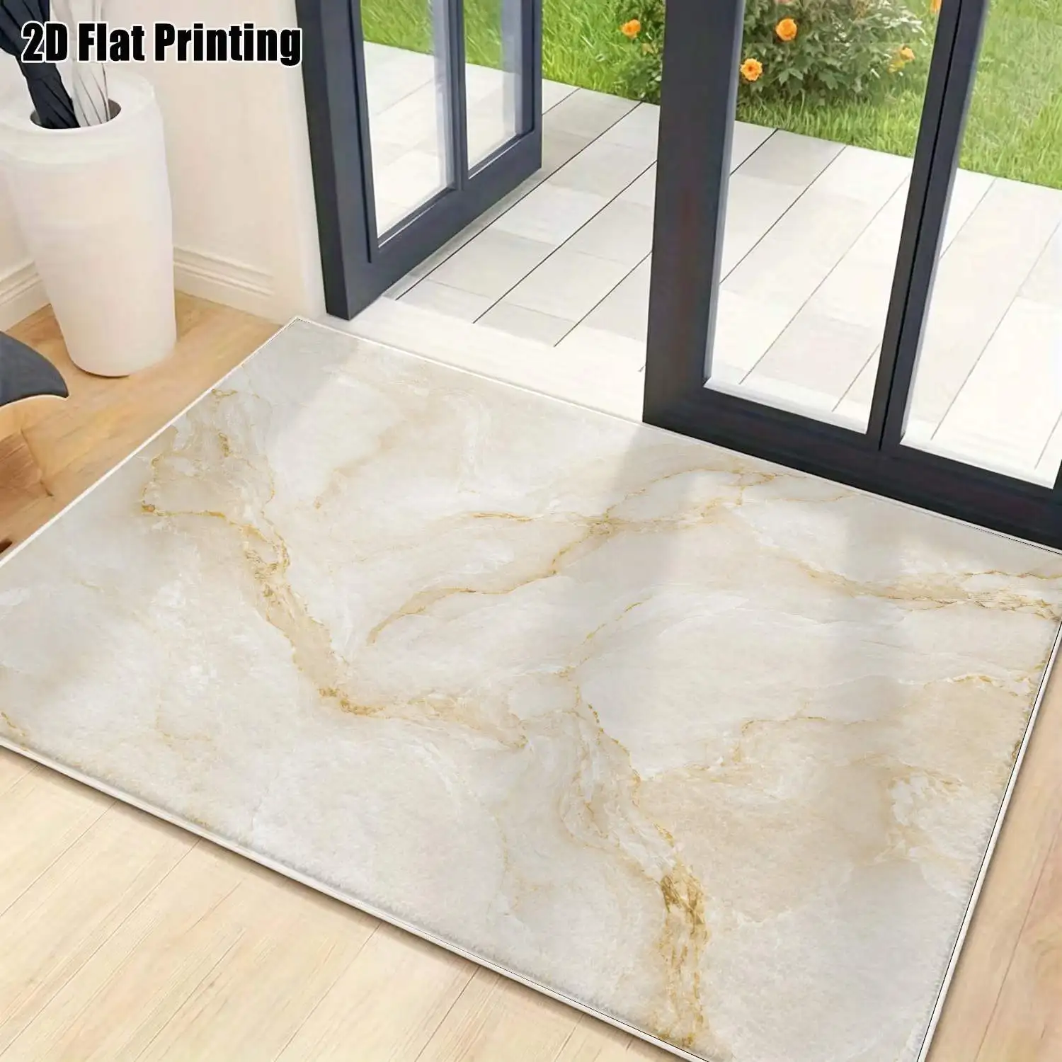 1Pc 2D Printed Velvet Carpet, Beige Marble Texture, Nordic Modern Minimalist Style, Multi-Size Washable Floor Mat for Home Decor, Multi-Scene Use