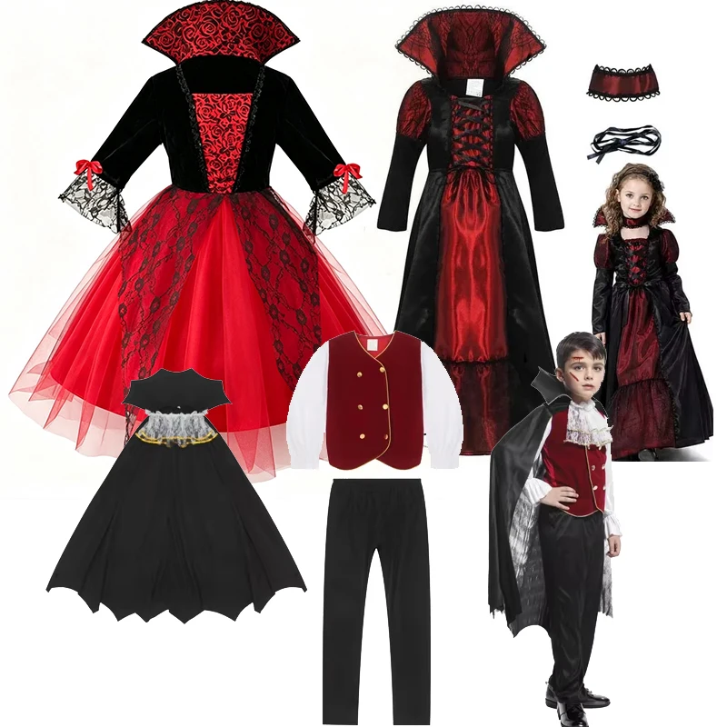 Kids Halloween Fancy Dress Costume Girls Gothic Red Black Tutu Outfit with Veil Gloves Jewelry Set for Theme Party Carnival