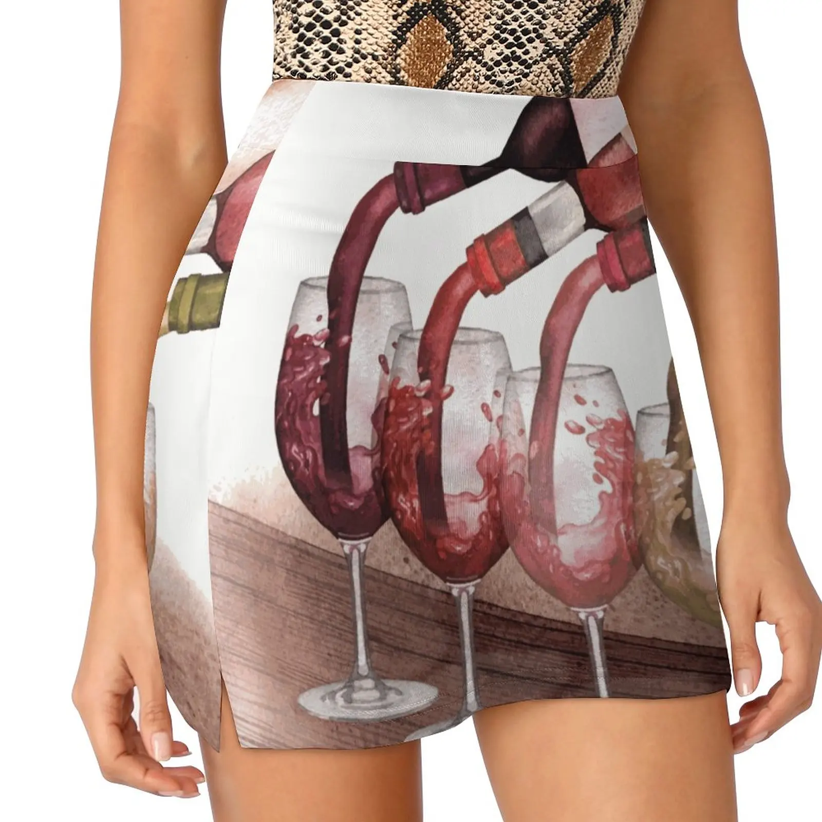 Watercolor Red , White And Rose Wines Pouring From Bottles Women's skirt Sport Skort Skirt With Pocket Fashion Korean Style