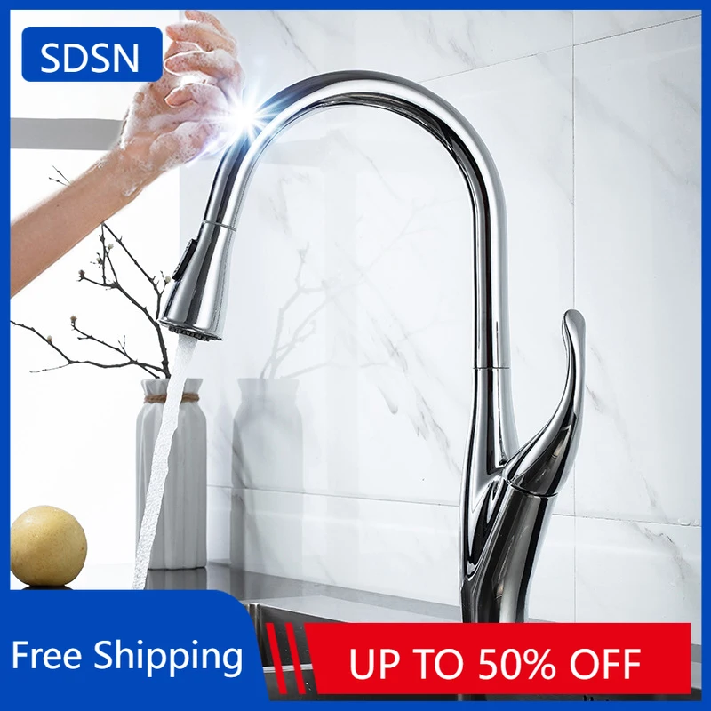 Brass Touch on Kitchen Fauct with Pull Down Hot Cold Kitchen Sink Mixer Tap Polished Chrome Smart Sensor Touch Kitchen Faucets