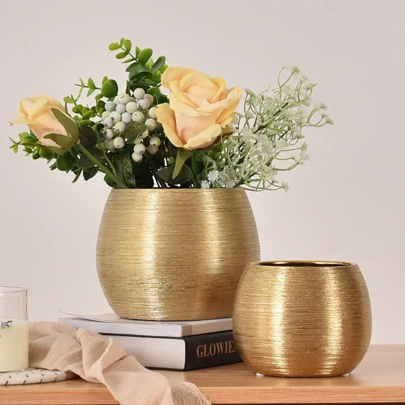 

Living Room Decoration Vase Household Wiredrawing Fleshy Round Flowerpot Gold Plated Ceramic Decoration Flower Arrangement