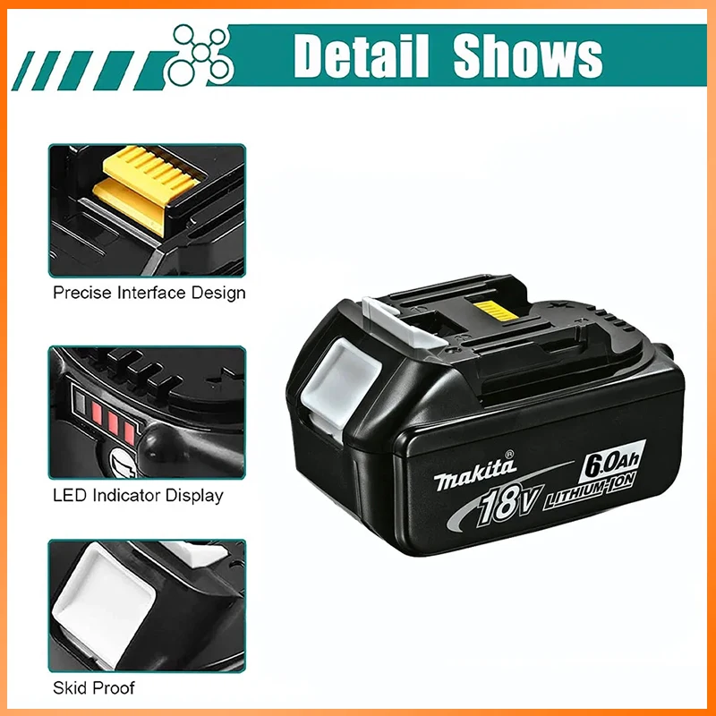 Latest Makita 18V 6.0Ah Rechargeable Lithium Battery,for 18v Drill BL1860 BL1830 BL1850 BL1860B Replacement Power Tool Batteries