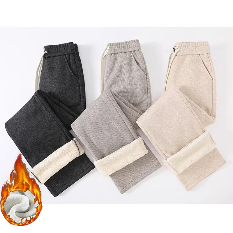Winterhosen für Mädchen, schmale, gerade geschnittene, warme Schneehosen, Damen-Plüschhosen mit hoher Taille, koreanische, einfarbige, thermische Fleecehosen