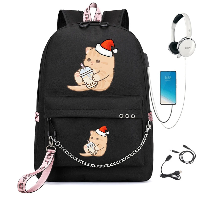 Mochila escolar Boba Kitten Bubble Tea Anime, mochila escolar de dibujos animados, mochila de regreso a la escuela, bolsas de Anime, bolsa de libros de carga Usb