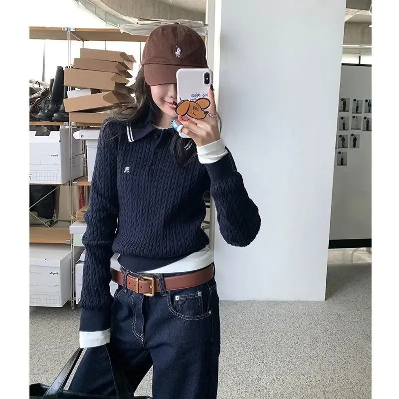 Deeptown Vintage Embroidery Polo Sweaters Women Korean  Preppy Style Knitted Pullover Old Money Long Sleeve Gray Jumpers Classic