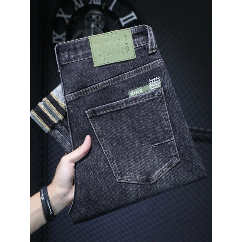 2024 New Saggy Jeans Men\'s Straight Slim Embroidered Fashion Korean Style Trends Stretch Casual Slant Pockets Harem Trousers