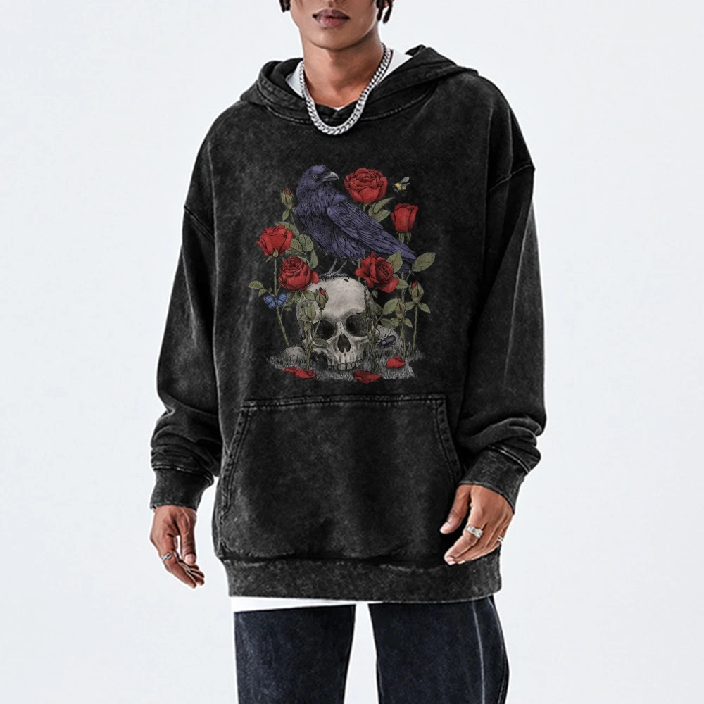 Romantic Rose Skull Print Hooded Sweater Pure Cotton High Quality Shoulder Drop Fashion New Trend New Hoodie Sweatshirt