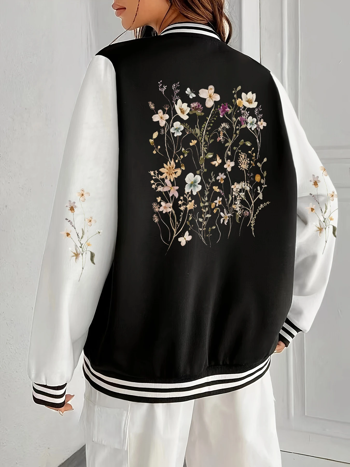 

Beautiful Flower Clusters Print Baseball Uniform Unisex Sport Warm Jackets Loose Hip Hop Jacket Vintage Oversize Woman Veste