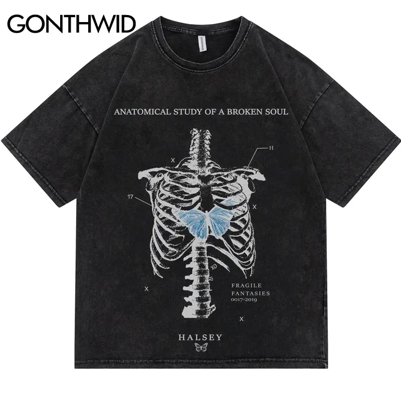 

2023 Hip Hop Gothic T Shirt Streetwear Vintage Skull Butterfly Graphic Print Cotton Tshirts Harajuku Summer Short Sleeve Tees