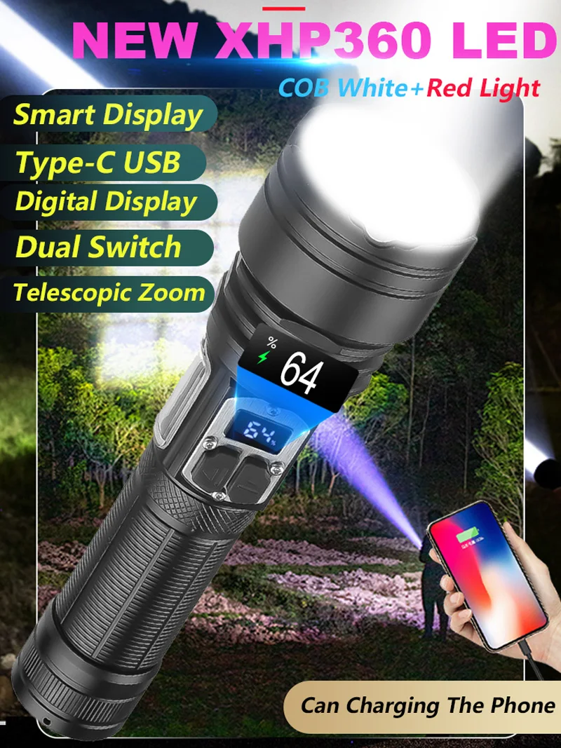 990000000LM XHP360 Flashlight LED Digital Display Tactical Military Powerful Torch XHP120 USB Self Defence Zoom Lampe Waterproof