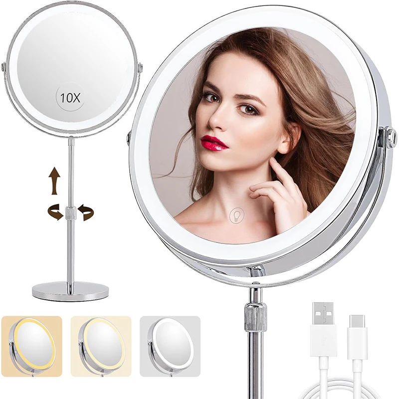 

LED Makeup Light with Mirror 8 Inch 10X Magnification Double-Side High-Definition 3 Color Lights Source Vanity Lamp Standing