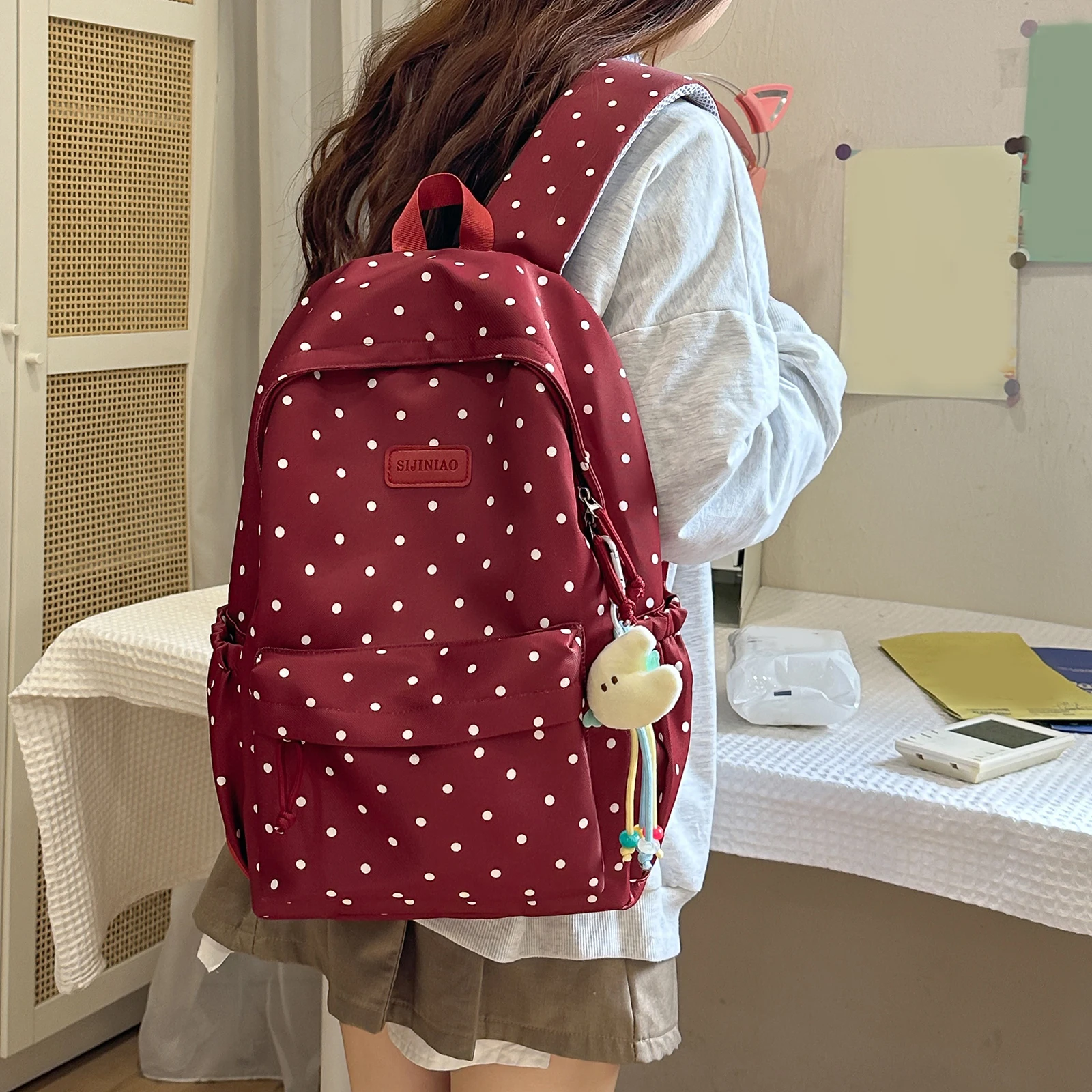 Cute Polka Dot Travel Backpack Large Capacity  Bookbag Lightweight Bookbag for Female Elementary & Middle  Students