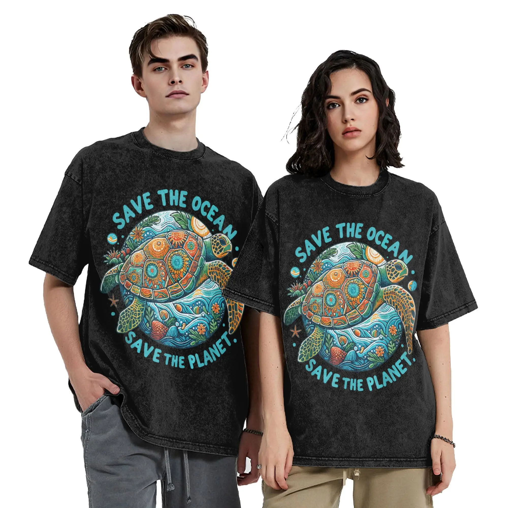 Earth Day 2026 Restore Earth Sea Turtle Art Save the Planet Washed T Shirt Streetwear T-Shirts Tees for Men Women Short Sleeve