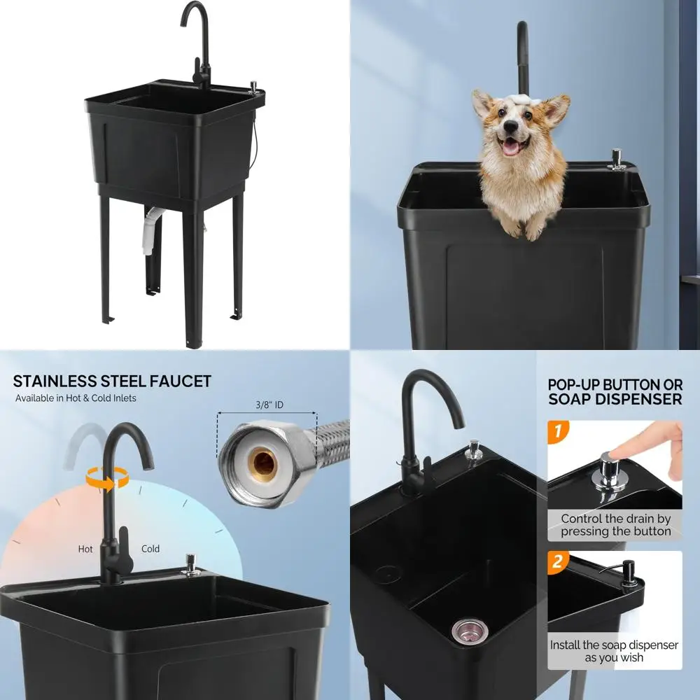 

Freestanding Stainless Steel Laundry Sink with Faucet - Utility Sink for Washing Room, 19.7W x 18.9D x 33H, Black