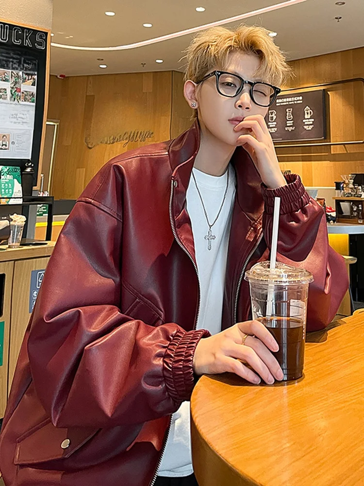 

Куртка-бомбер мужская из искусственной кожи, осенняя, в уличном стиле, цвет винный, в американском стиле, для лета и осени