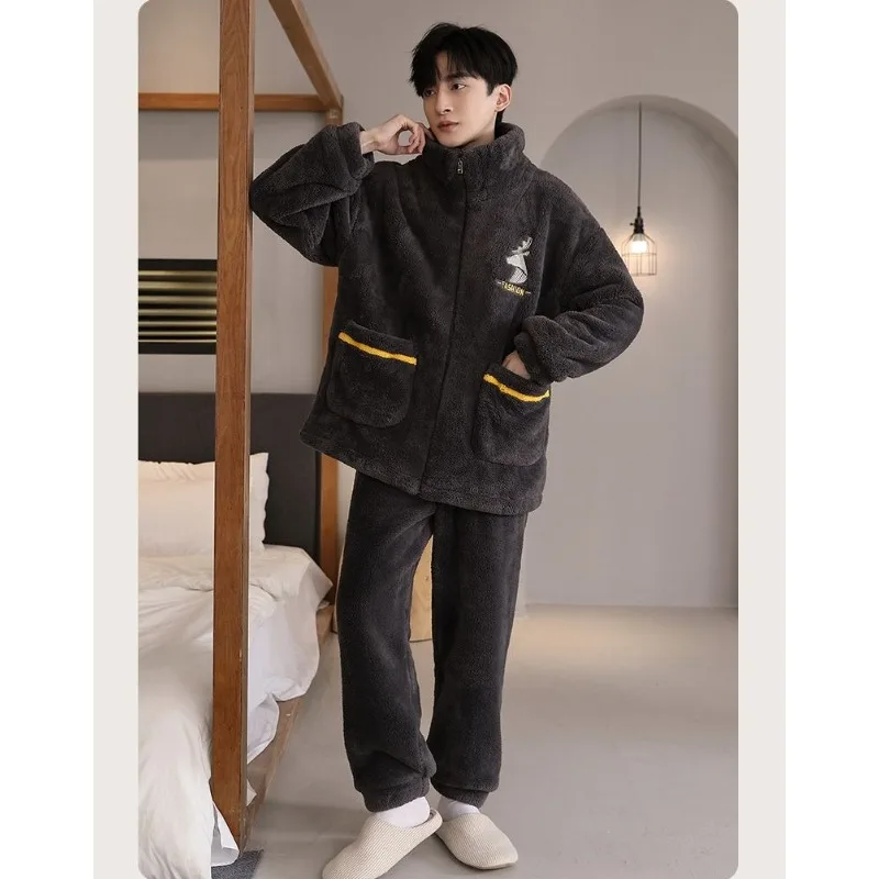 Men's Cartoon Coral Fleece Stand Colar Zipper Loose and Thickened Teen Can Be Worn Outdoors Homewear Set Winter 2026 Pajamas