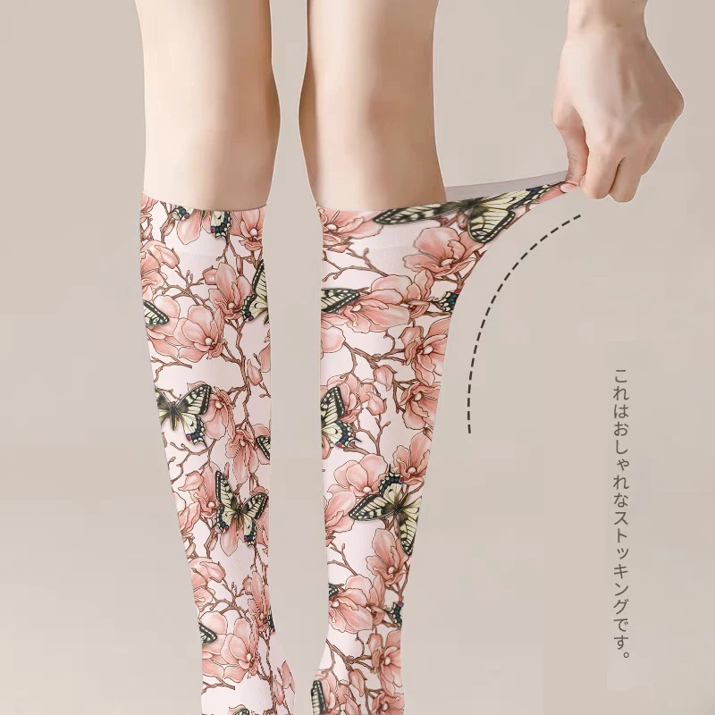 Fashion Trend Flower Print Harajuku Knee Socks Summer Rose Small Daisy Calf Socks Japanese Wild High Tube Sweet Stockings Women