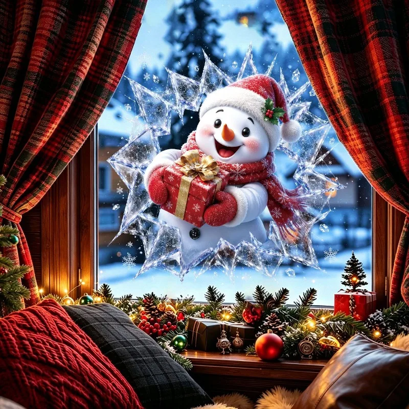 3D Simulated Broken Window Static Window Clings Cartoon Snowman Gift Snowflake Glass Stickers Shop Window Xmas Decor