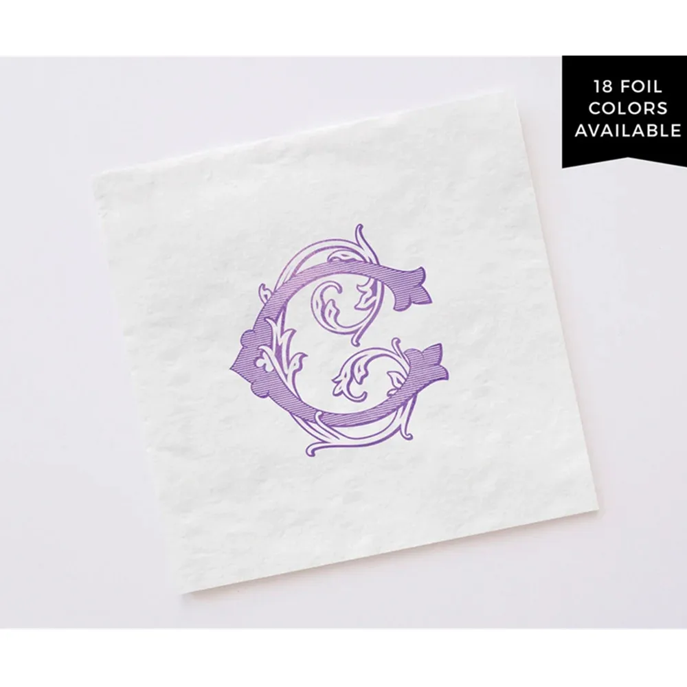 50PCS Vine Monogram Napkins with Foil Printing | Personalized Barware | Beverage, Luncheon Sizes | Housewarming Gift with Initia