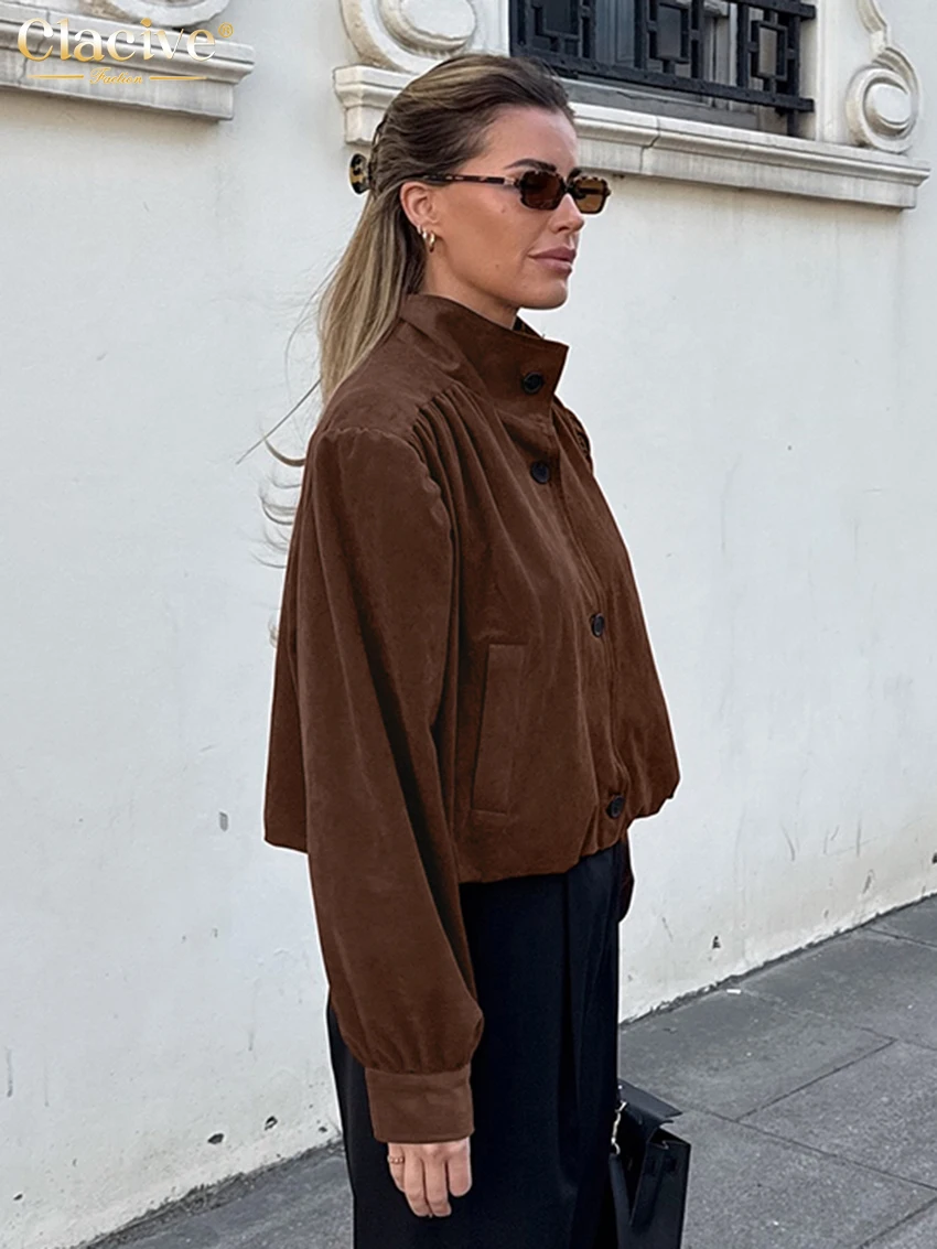 Clacive Winter Lose Braun frauen Hemd 2025, Mode Stehen Kragen Langarm Shirts Elegante Klassische Solide Top Weibliche Kleidung