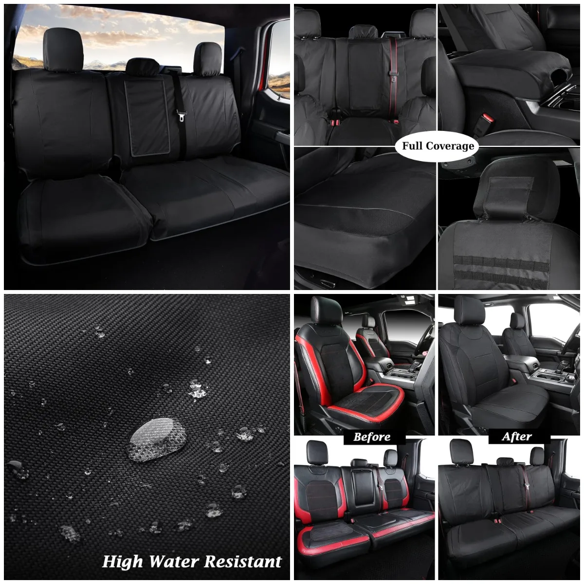 

Rear Bench Car Seat Covers, Waterproof Oxford, Fits 2015-2025 Ford F150/F250/F350/F450, Black