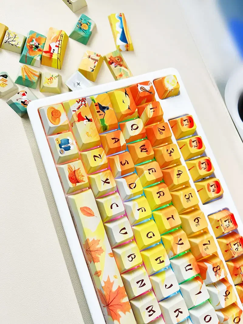 136-Key Keycaps Five-Sided Sublimation Cherry PBT Mechanical Keyboard Yellow Keycaps Autumn Leaves Maple Leaves Autumn Thoughts
