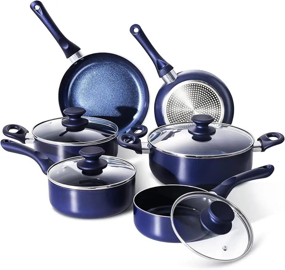 Pots and Pans Set,Aluminum Cookware Set, Nonstick Ceramic Coating, Fry Pan, Stockpot with Lid, Blue,10 Pieces