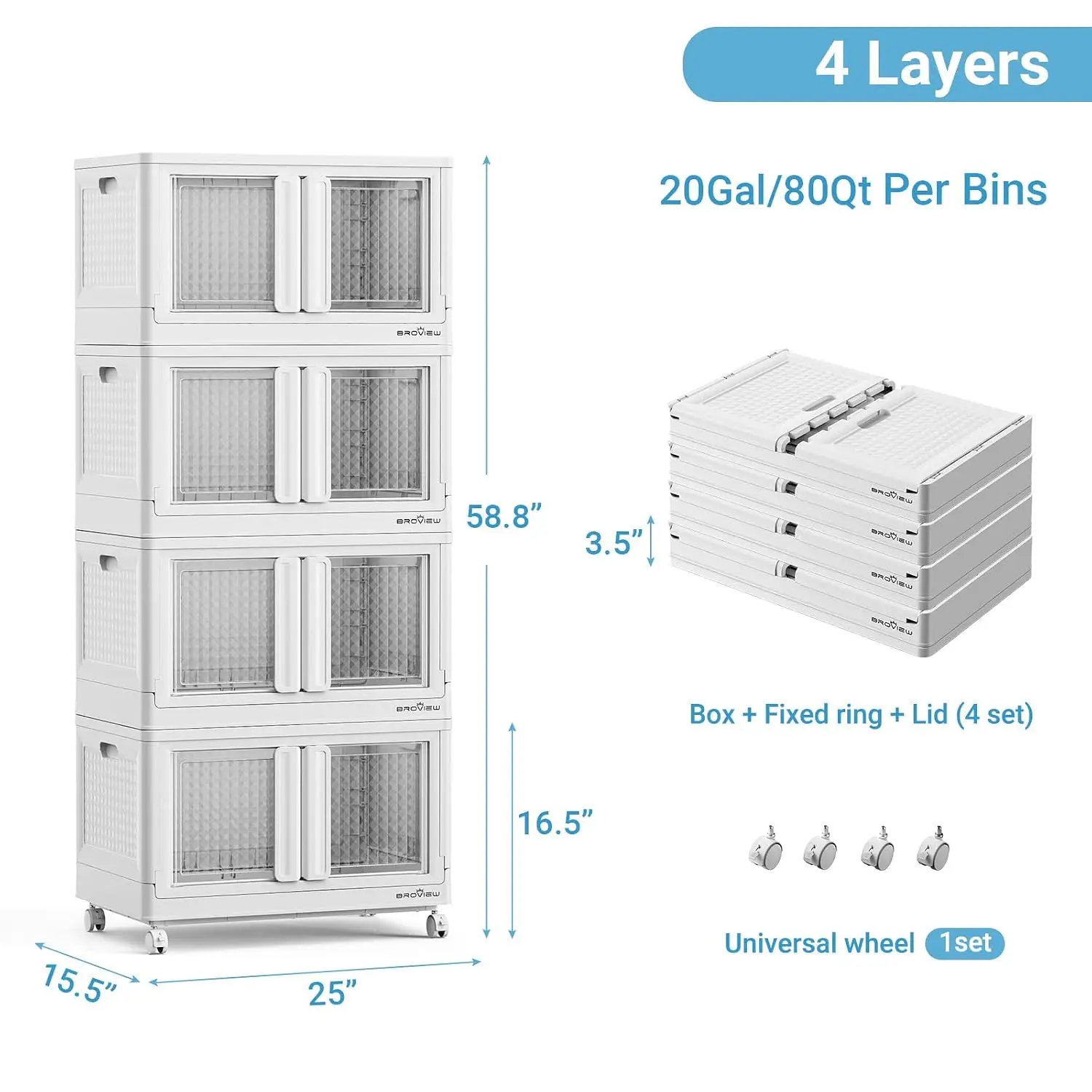 320Qt Collapsible Storage Bins with Lids Doors Wheels, Foldable Plastic Organizer for Home Garage, 4Pack White, Customized