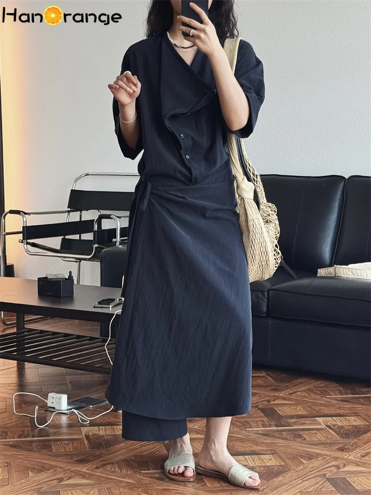 

HanOrange 2025 Summer Swinging Collar Slanted Front Strap Dress Slippery Smooth Charm Half Sleeve Dress Black/Khaki Green