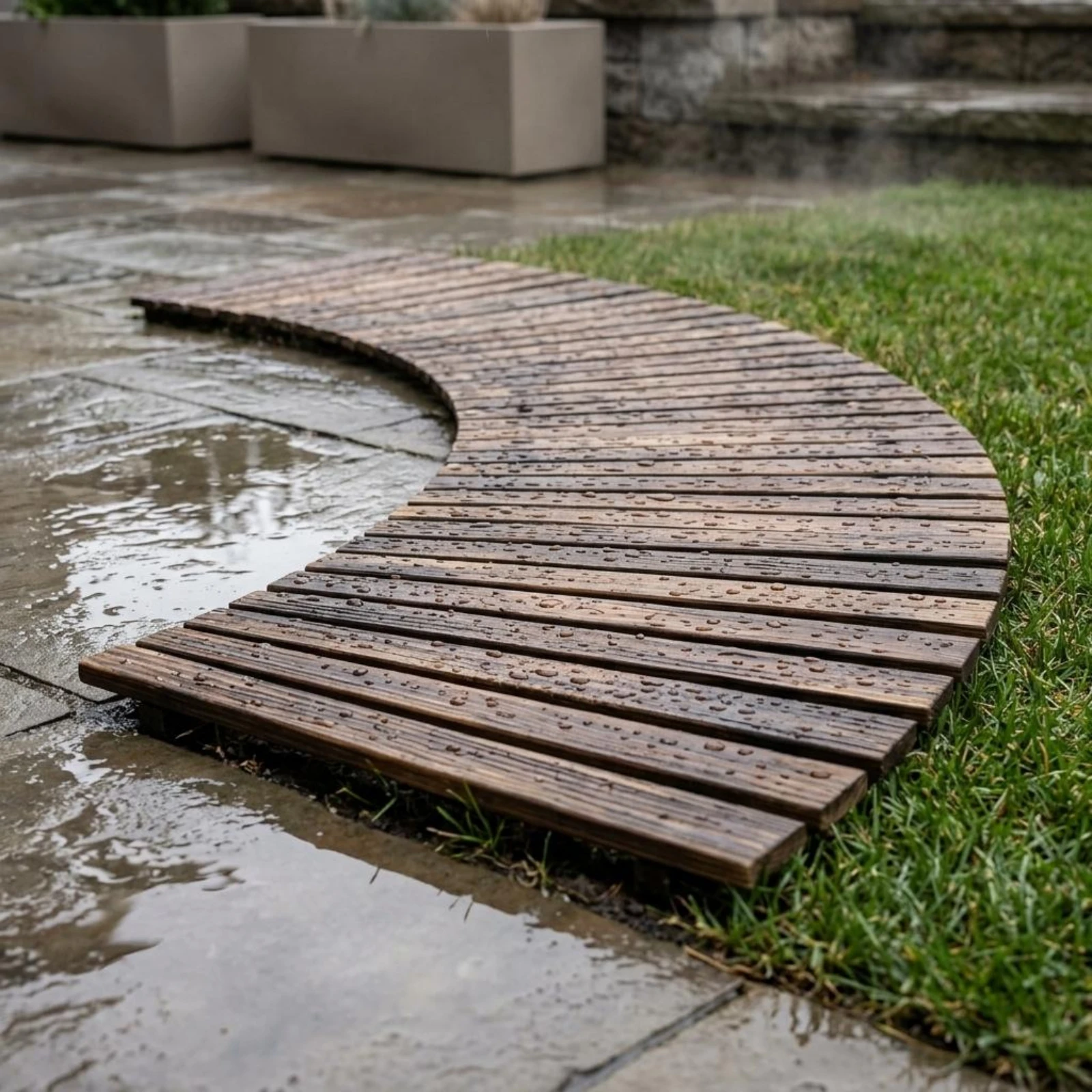 

Curved Garden Walkway Closely Spaced Carbonized Wood Panel Curved Wood Walkway Sturdy Outdoor Flooring Rustic for Landscape