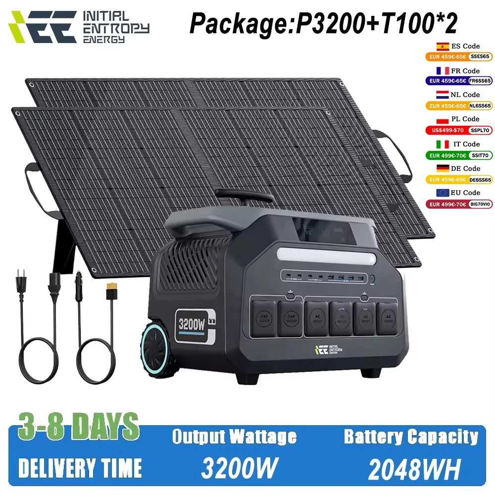 IEE P3200 Outdoor-Stromerzeuger 3200W MPPT Tragbare Powerstation mit APP-Steuerung und 2x100W Solarpanels für Wohnmobile, Camping und Zuhause