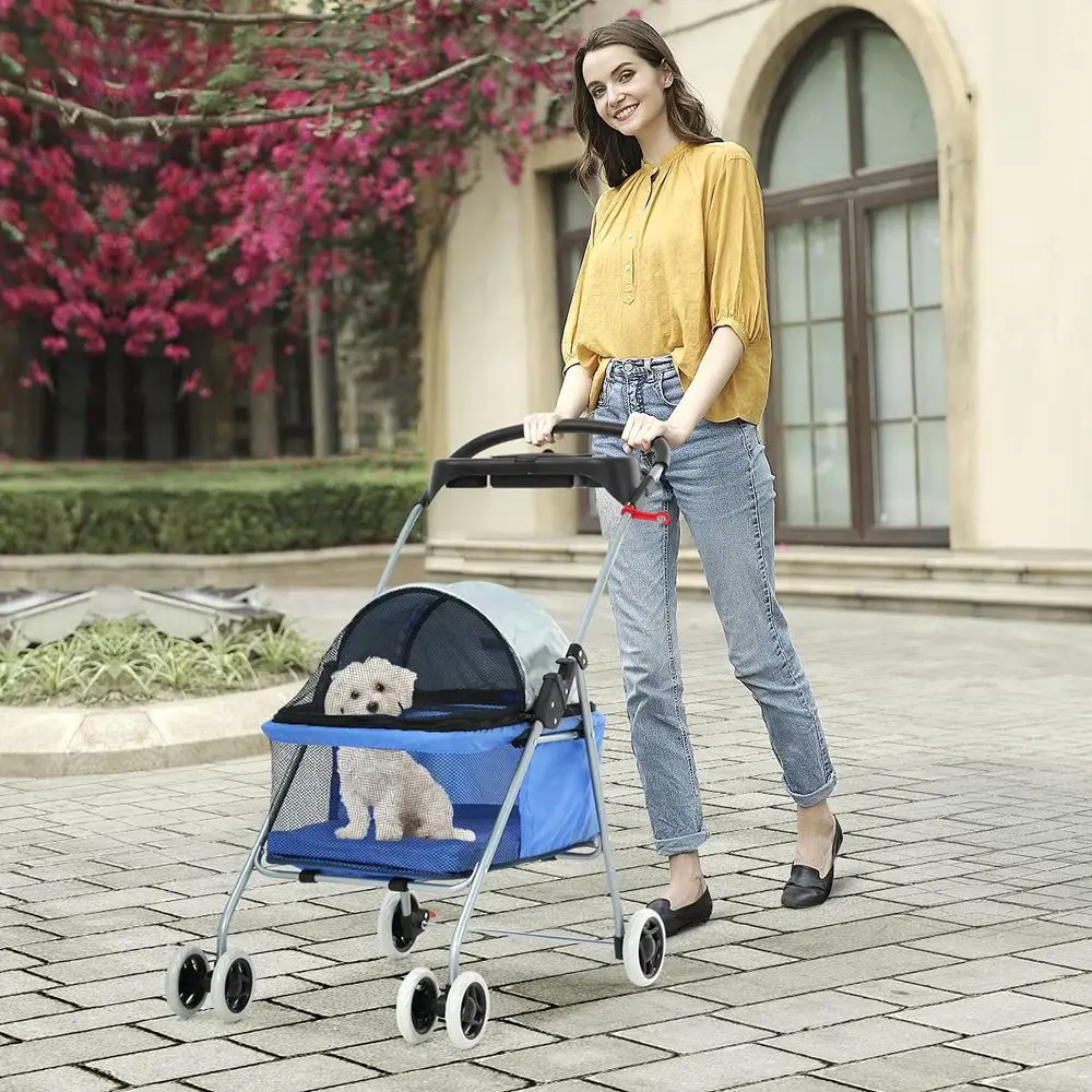 Blue 4-Wheel Pet Stroller for Small Cats & Dogs, Mesh, Foldable, Up to 33 lbs, Easy Storage
