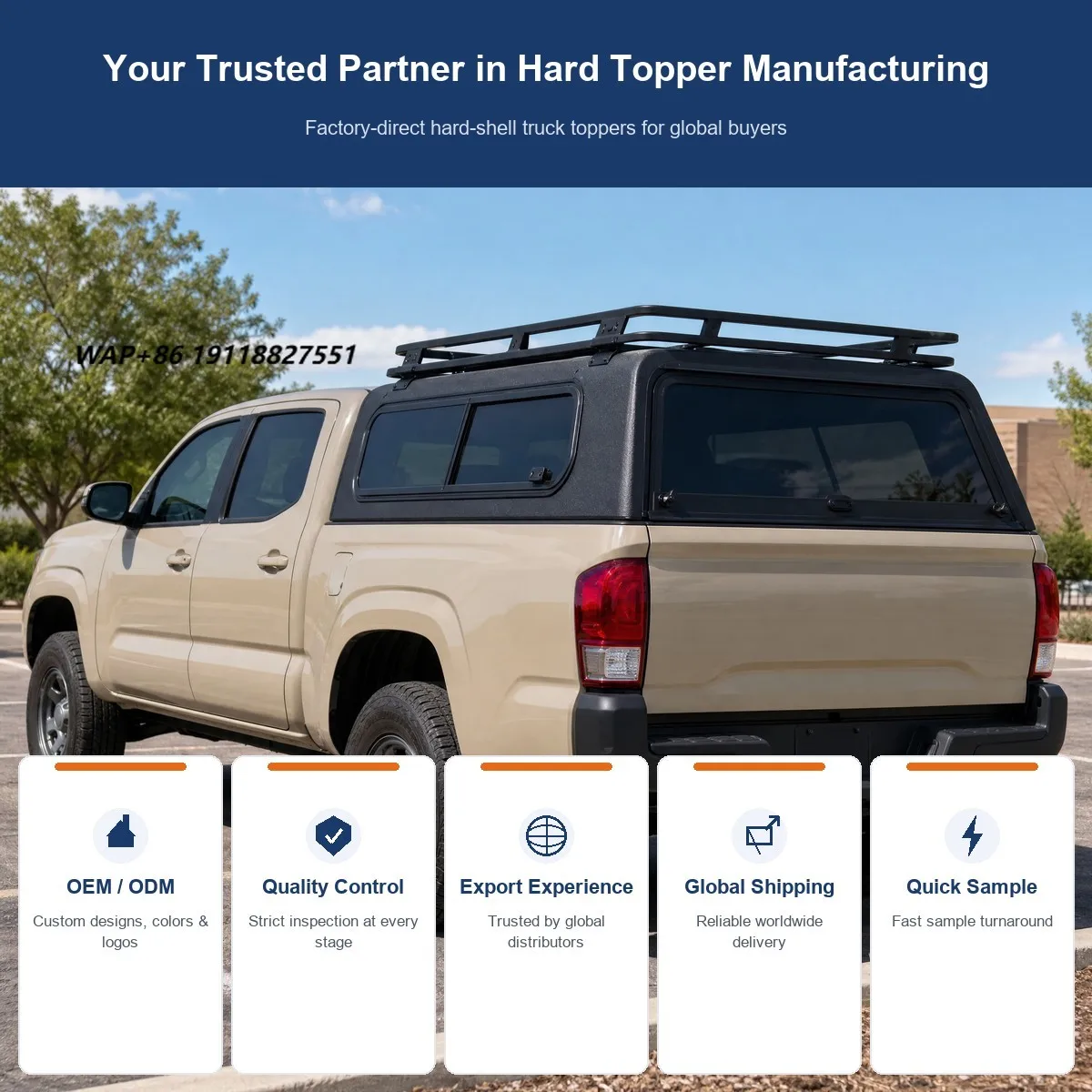 Fiberglass FRP Aluminum Truck Hard per Pickup Bed Canopy with Sliding Side Window Rear Window Roof Rack