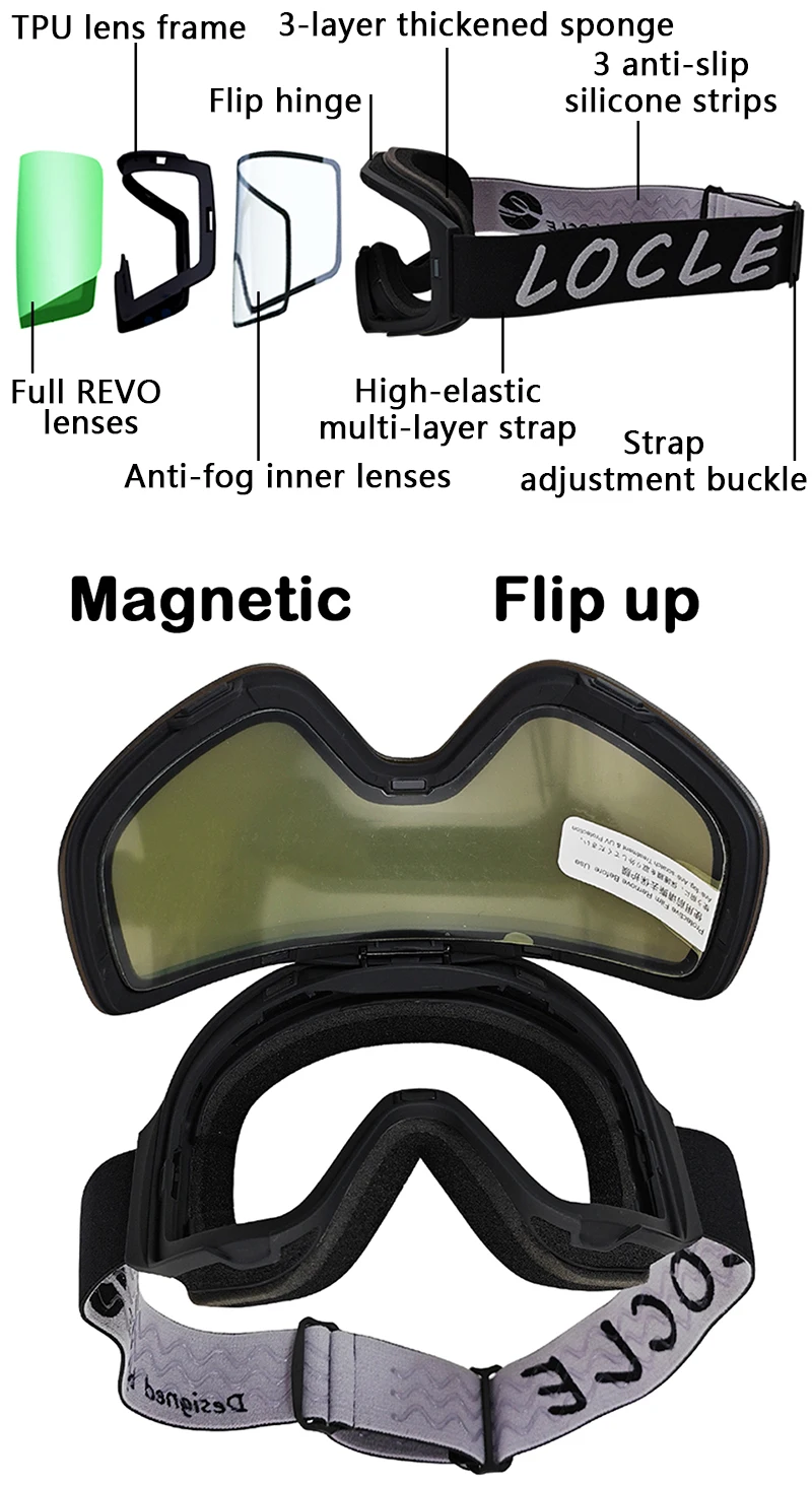 LOCLE Magnetische Skibrille Männer Frauen Doppelschichten Flip Up Snowboard Maske Skibrillen Antibeschlag OTG Motorrad Schneemobil Brille – Detail 3