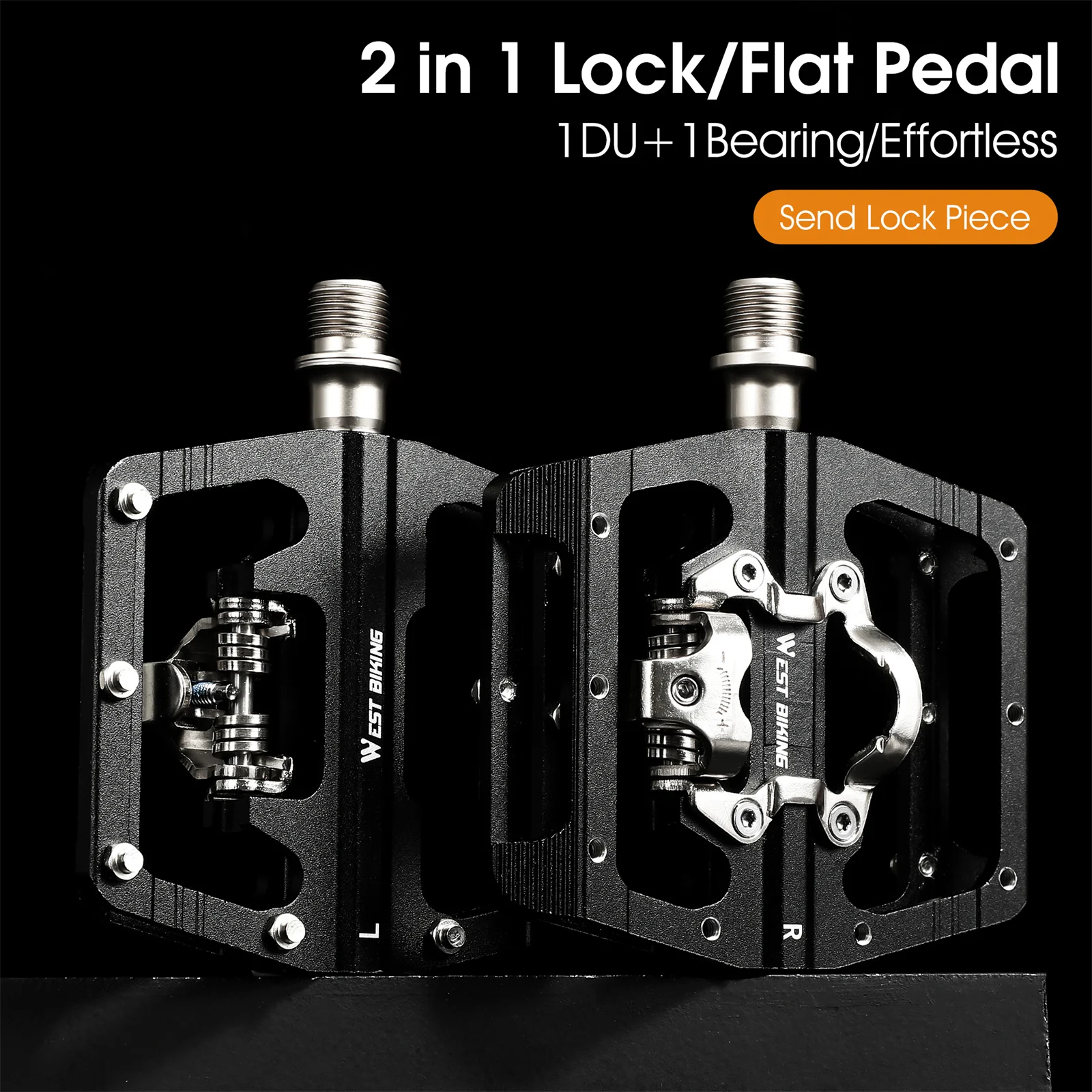 WEST BIKING 2 In 1 Bicycle Pedals SPD Self-Locking Pedal DU Bearing MTB Road Bike Anti-slip Flat Pedals Cycling Part Accessories