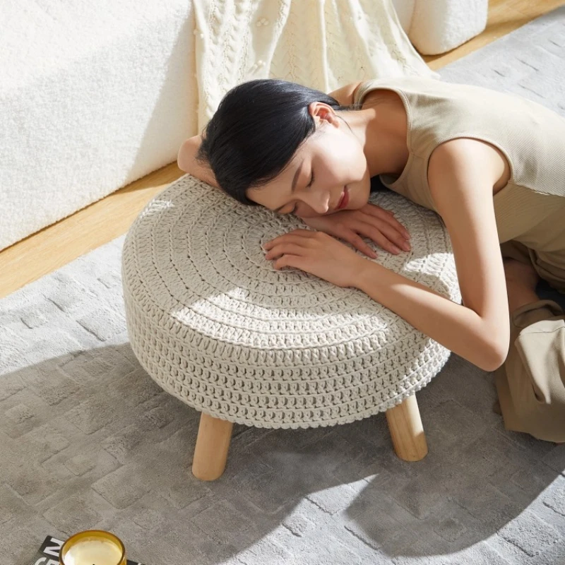 Japanese Minimalist Cotton Rope Handwoven Solid Wood Tea Stool round Seat Sofa Footrest Multi-Scene Woven Stool for Home