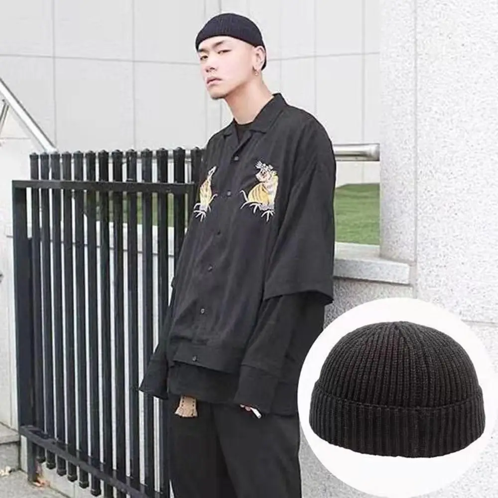 Trendy Korean Style Knitted Hats Flanged Short Hip Hop Hat Warm Skullcap Autumn and Winter
