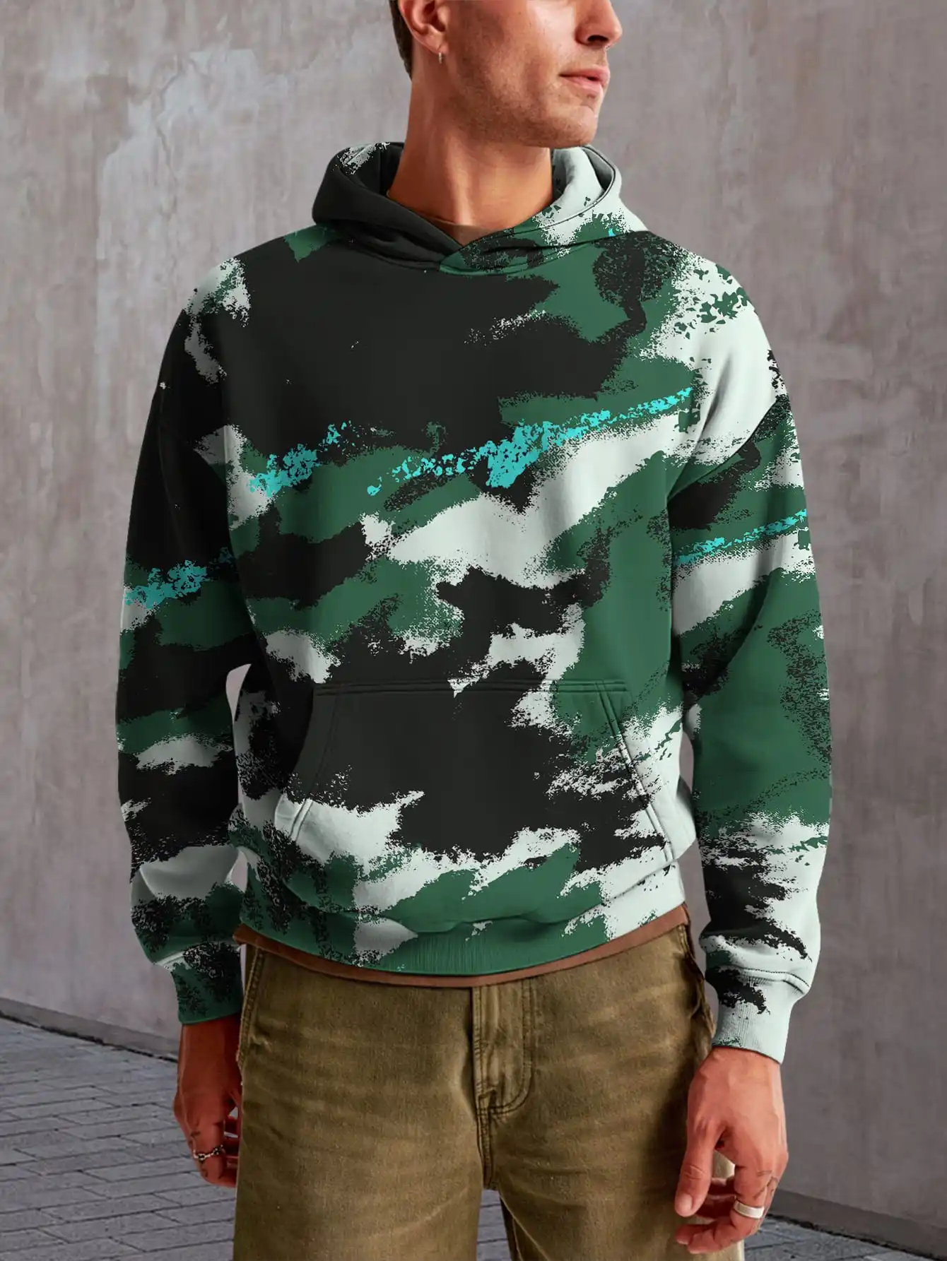 

Ink style 3D print pattern Hoodie style floral pattern hooded sweatshirt cool street style pullover hoodie top turquoise