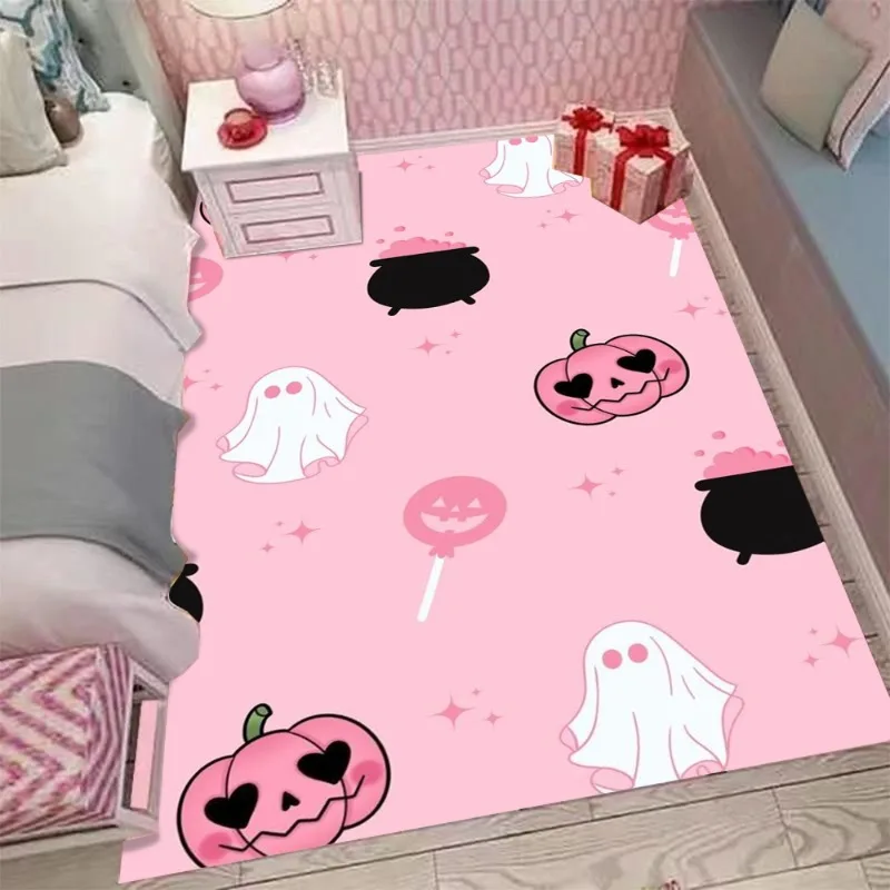Dunkler Teppich, Matte, Teppich, Horror-Schrei-Maske, rosa Totenkopf, Kürbis, Geister-Druck, Halloween, Heimdekoration, Wohnzimmer, Bodendekoration, Teppich