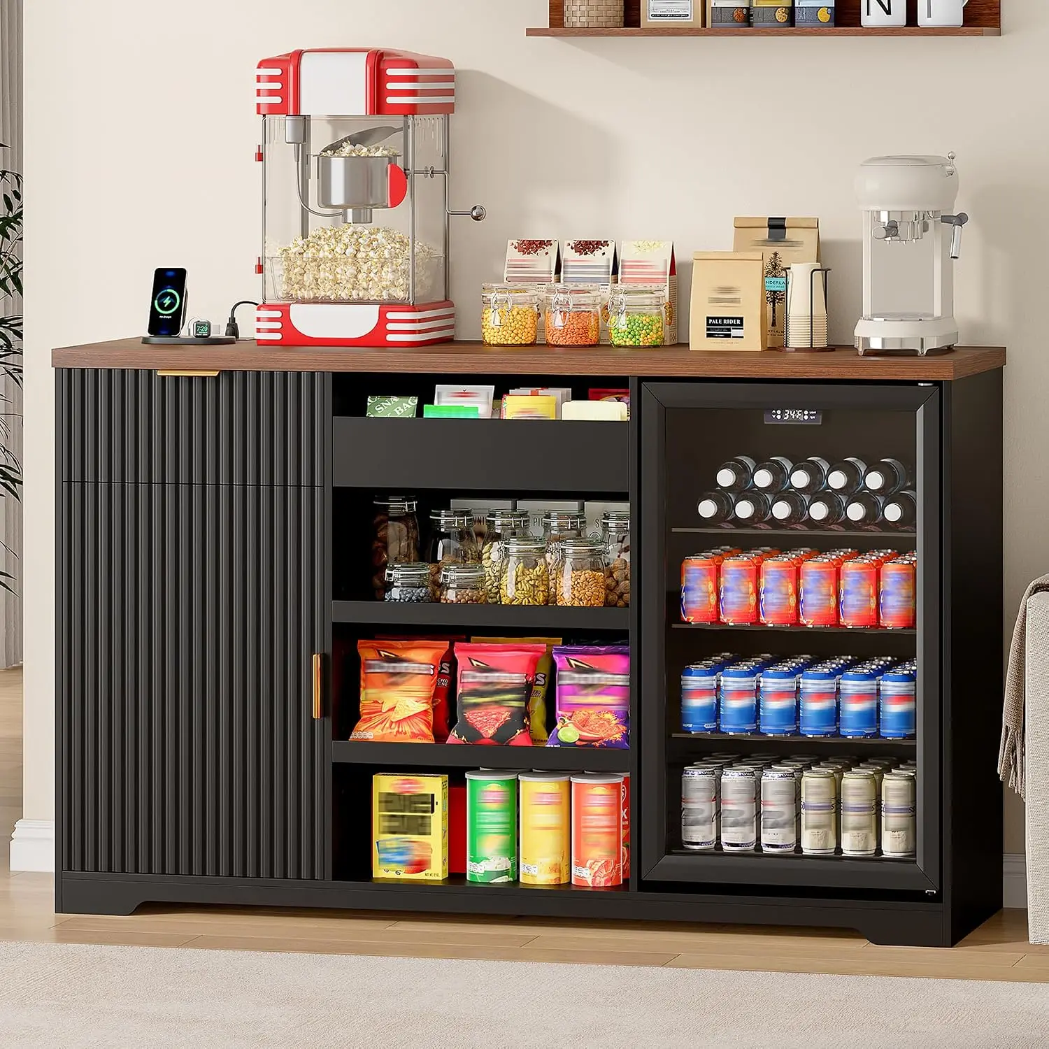 Snack Bar Cabinet with Fridge Space, Wine Glass Rack, 2 Drawers & Power Outlets, Display Shelves for Home Movie Room, Customized