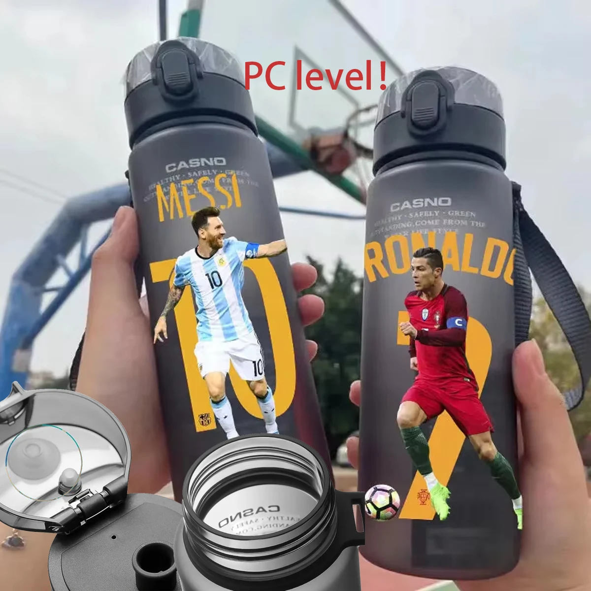 Garrafa de água portátil esporte de plástico ao ar livre, Messi futebol, Ronaldo, Neymar estrela do futebol, grande capacidade, novo, presente, 560ml, 2024